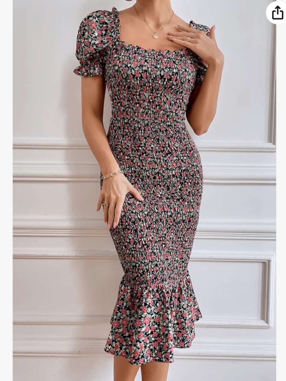 PrettyGarden Black Pink Floral Smocked Bodycon Mermaid Midi Dress Small